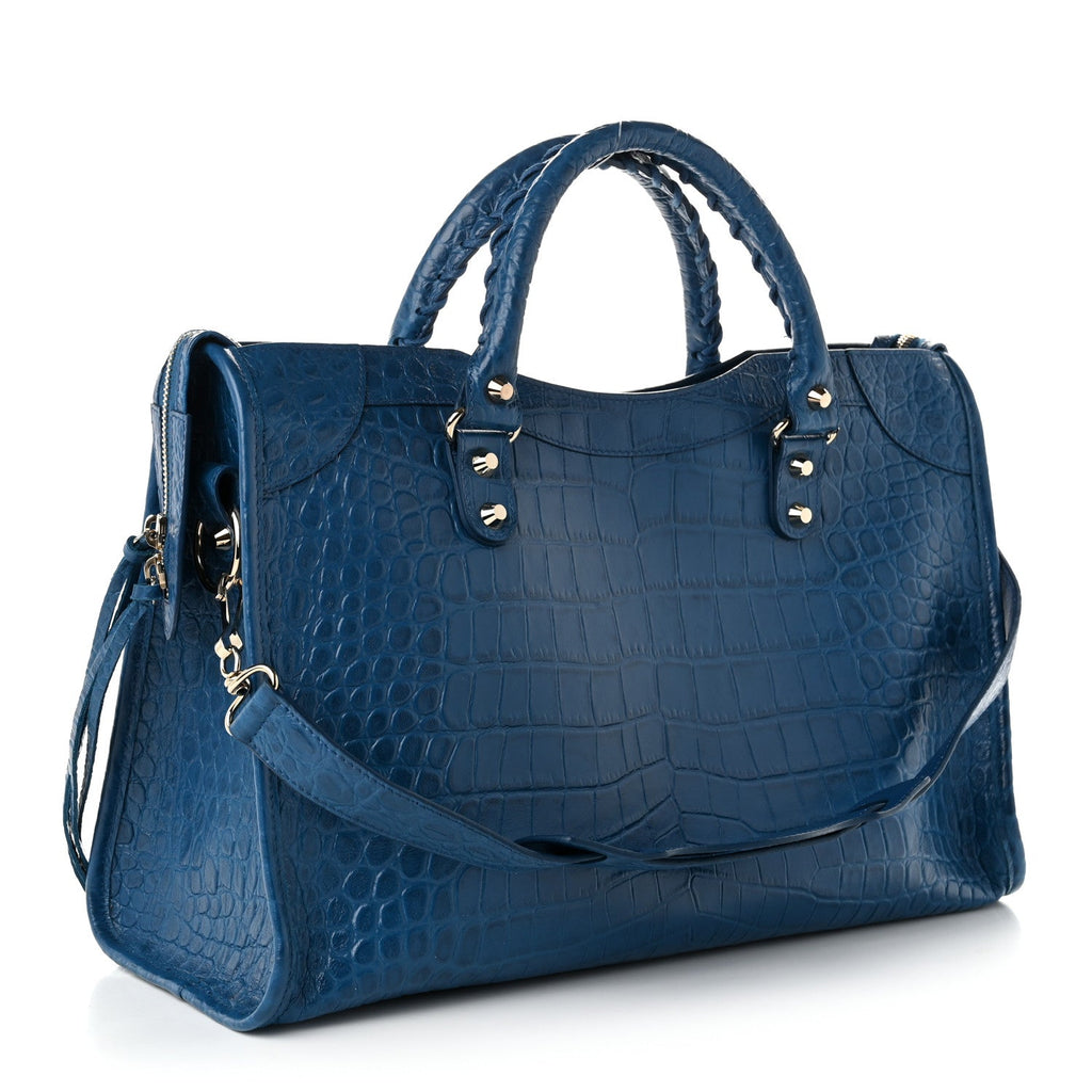 Calfskin Crocodile Embossed Classic Silver Hardware City Bleu Marine