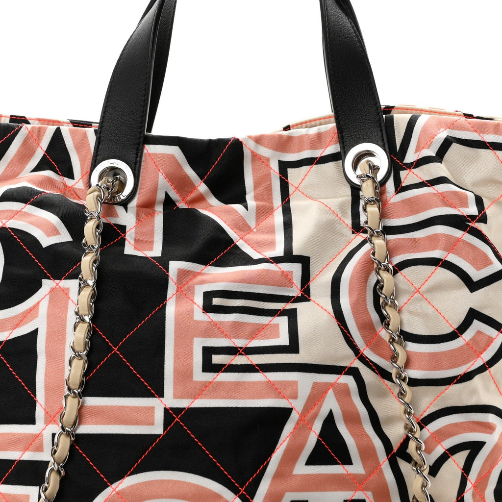 Nylon Stitched Printed Logo Shopping Bag Black White