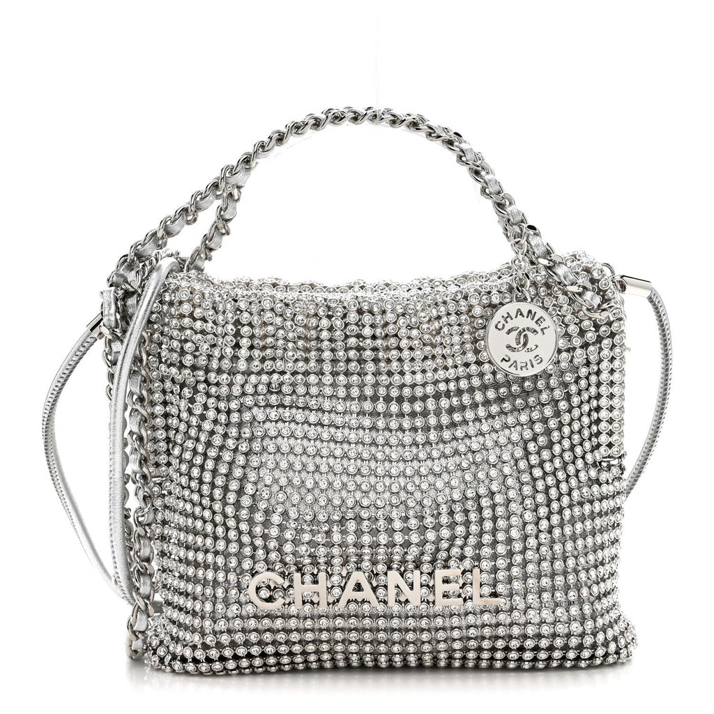 Crystal Embellished Metallic Lambskin Mini Chanel 22 Silver