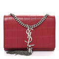 Calfskin Crocodile Embossed Small Classic Monogram Kate Tassel Satchel Red