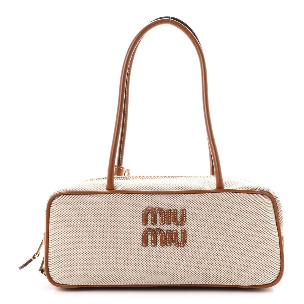 Canvas Calfskin Small Beau Top Handle Bag Naturale Brandy